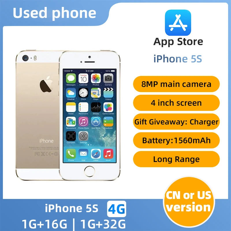 Used Apple iPhone 5S 4G LTE CellPhone Unlocked 1GB RAM 16GB/32GB/64GB ROM iCloud IOS WIFI Fingerprint  used phone