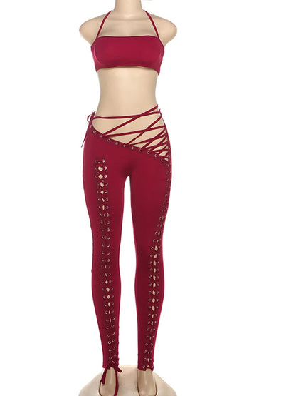 Beyprern Womens Halter Neck Crop Top And Eyelet Lace-Up Leggings Suits Set 2 Piece Outfits Sexy Workout Overalls Night Clubwear